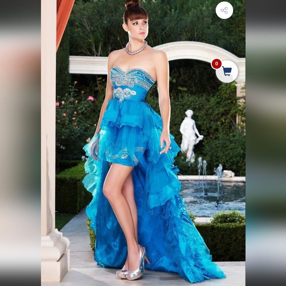 Strapless Blue Ruffle & Peplum Gown